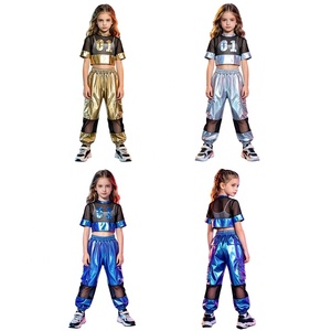 Ensemble de danse hip-hop pour filles : pantalon baggy métallisé, crop top en maille, costume de danse de rue pour enfants, performance, compétition, personnalisable - Product Image 1