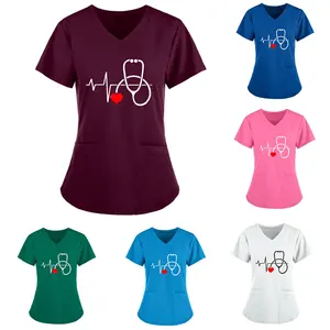 Mix Color ECG Red Heart Stethoscope Hospital Women T Shirt Tops Nurse Accessories