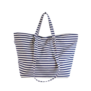 Larger Capacity Canvas <b>Beach</b> <b>Bag</b> With Stripe Reusable Cotton Shopping Handbag Ladies Tote <b>Bags</b> - Product Image 3