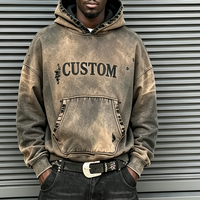Sweat à capuche personnalisé 100% coton épais, délavé à l'acide, style vintage, en molleton bouclette, effet usé et décoloré par le soleil, pour homme, avec bords bruts et déchirés, style streetwear