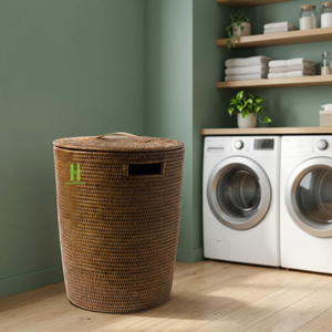 Natural Handmade Round Rattan Waste Basket with Lid, Ratan Plant Basket From Vietnam - Product Image 1