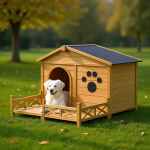 Nichoir pour chien en bois de 48 pouces avec toit en asphalte résistant à l'eau, taille moyenne, motif patte, couleur naturelle, pour intérieur et extérieur, avec porche - Product Image 2