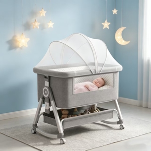 Portable Folding Baby Crib With Bottom Storage Basket, Easy Move Wheeled Design Practical Home Nursery Sleeping <strong>Cot</strong> - Product Image 4