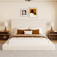 Luxuriöser Bouclé-Bettrahmen mit Breiter Gepolsterter Rückenlehne für Ruhige Zeitgenössische Schlafzimmer-Inneneinrichtung