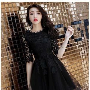 Black Chiffon A-Line Evening Dress High Neck 3D Lace Embroidery Natural Waistline For Birthday Party Graduation Annual Meeting - Product Image 3