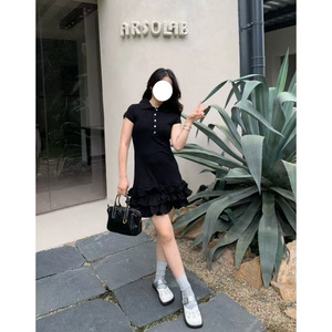 Black Polo Collar Short Sleeve Dress Women Summer 2025 Preppy Slim Fit Cake Skirt Solid Color Daily Wear - Product Image 5