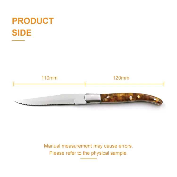 One-piece Cutting Stainless Steel Half Sharpened And Half Serrated Blade Steak Knife With Spanish Import Amber Acrylic Handle