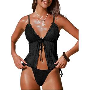 Traje de Baño de Dos Piezas Personalizado para Mujer, Tankini con Escote Profundo en V y Encaje, con Volantes, Elástico, Ropa de Playa - Product Image 1