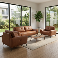 Ensemble de canapés en cuir marron moderne, canapé trois places et fauteuils minimalistes pour la décoration contemporaine de la maison, du bureau et du salon