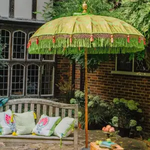 Payung meja teras Bali kanvas Premium kerajinan tangan Vintage 2m dengan rumbai, furnitur taman kolam kayu Parasol matahari London