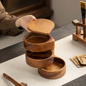 Walnut Wood Three Layer Food Box Teardrop Design Stackable <b>Storage</b> <b>Tray</b> For Home Use - Product Image 1