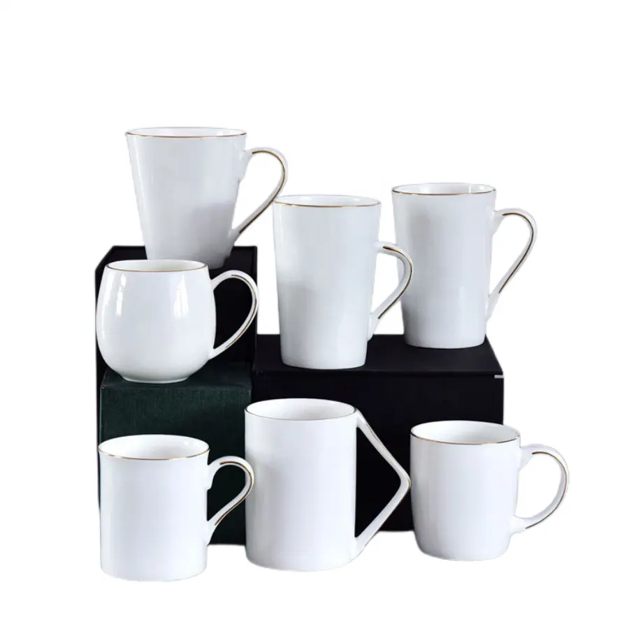 Y-Europa Stijl Fijne Bone China 11/12 Oz Sublimatie Lege Gouden Rand En Handvat Custom Keramische Mok Koffie