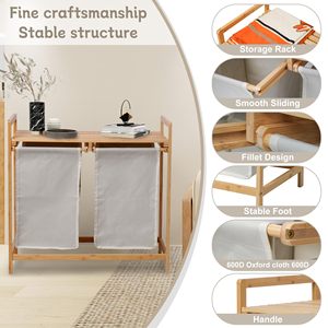 Cesto de Ropa Sucia de Bambú, Cesto de Ropa Plegable de Madera con Estante y Bolsas Deslizantes Extraíbles para Baño - Product Image 6