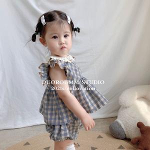 2025 été nouvelles filles rétro Ins <span class=keywords><strong>Bebe</strong></span> bio Plaid poupée chemise ensemble bouton 2 pièces pour les tout-petits 0-5 ans Floral court en gros 4 - Product Image 5