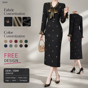 Abito <span class=keywords><strong>midi</strong></span> elegante da donna in poliestere <span class=keywords><strong>nero</strong></span> con stampa a farfalla, scollo a V, fiocco, volant, <span class=keywords><strong>maniche</strong></span> <span class=keywords><strong>lunghe</strong></span>, vestibilità slim, casual business. - Product Image 1