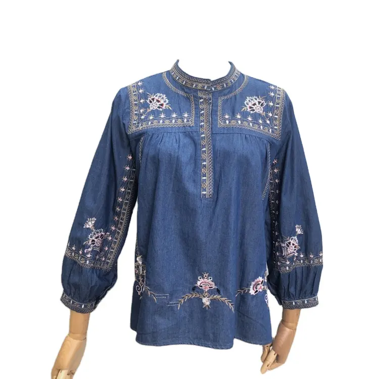 Women tops three quarter sleeve blouse vintage floral embroidery denim shirts