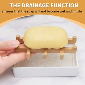 Porte-savon en bambou pour douche Porte-savon en bois pour salle de bain Plateau à savon avec quatre coussinets antidérapants (carré blanc simple) - Product Image 6
