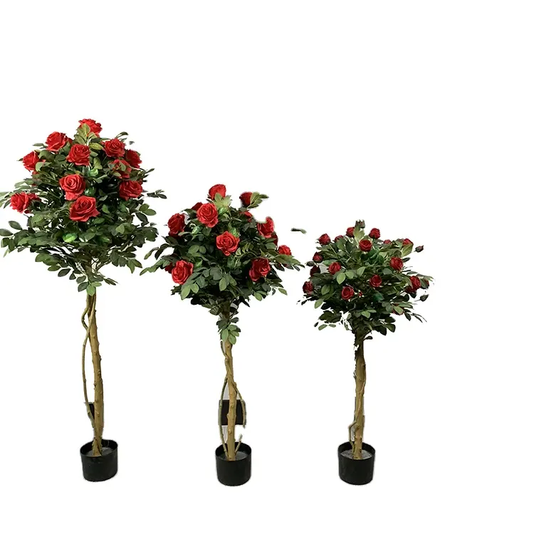 Hot Selling Indoor Decor 5 Feet Green Plastic Leaves Red Flowers Plant Artificial Rose Tree