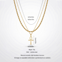 Collier superposé QIAOREN 11495 en acier inoxydable plaqué or 18 carats, résistant à la rouille et étanche, avec symbole Ankh