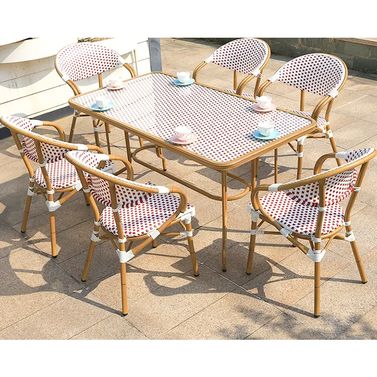 Mesa y sillas de ratán para restaurante, 7 piezas, marco de metal, tejida, blanco, para jardín, francés, gran oferta, 2020