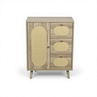 Armoire de rangement moderne en rotin avec 1 porte et trois tiroirs, étagères réglables - Salon, chambre et couloir, naturel