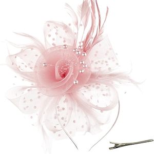 Custom 25 Colors <strong>Fascinators</strong> Hat Flower Mesh Ribbons Feathers on a <strong>Headband</strong> and a Clip Tea Party Headwear for Girls and Women - Product Image 1