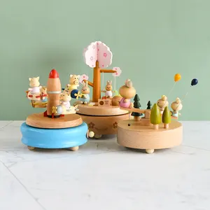 Creative Popular Fun Lovely Toy Movable Wooden Customized Carousel Music Box For Kids