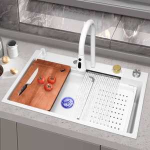 Stainless steel square single groove <b>stepped</b> multifunctional combination vegetable cutting board drain basket <b>kitchen</b> sink - Product Image 2