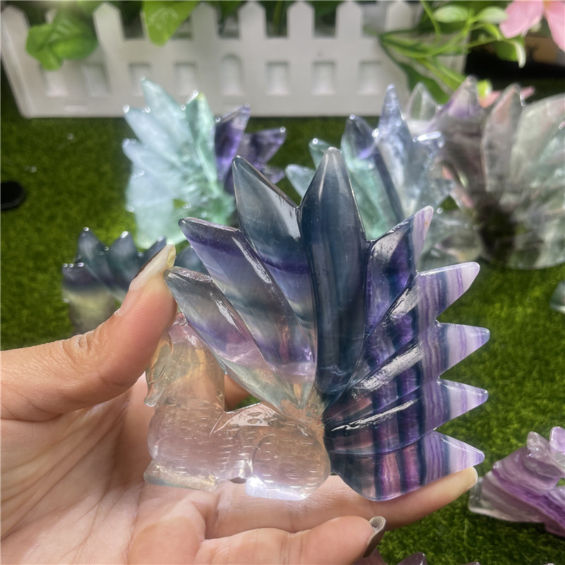 Rainbow Fluorite Nine-Tails Fox - Healing Crystal Carvings