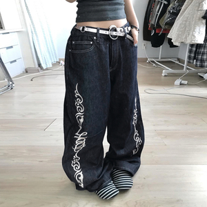 Jean décontracté taille basse noir ample brodé floral respirant style Y2K vintage pour femme grande taille - Product Image 2