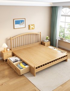 High Quality Natural Solid Wood Windsor <b>Bed</b> <b>Frame</b>, Modern <b>Platform</b> <b>Bed</b> with Slatted Headboard for Bedroom - Product Image 2