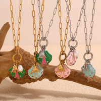 Collar con Colgante de Concha de Perla y Circonita de la Serie Ocean, Collar de Acero Inoxidable con Esmalte Colorido Resistente al Agua con Baño PVD de 18K para Mujer