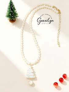 Avrupa amerikan noel ağacı pirinç şekli beyaz inci altın kaplama paslanmaz çelik Trendy bırak küpe kadın noel hediyesi - Product Image 6