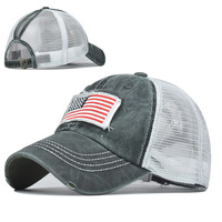 Gorra de malla de red con agujero de cola de caballo lavado de algodón, gorra de camionero bordada con bandera de EE. UU., gorra de béisbol transpirable desgastada para mujer