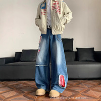 Jean unisexe streetwear coupe ample et large, coupe mi-longue, style rétro américain, avec patch brodé et motif écossais, coupe-vent et écoresponsable, pour le marché transfrontalier