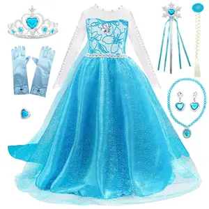 G001 Princess Dresses Snow Queen Girls Fancy Costume Birthday Party Cosplay Clothing With Long Cloak Wig Vestido