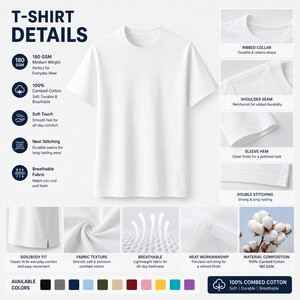 Custom Logo 180G Combed Cotton T-<b>Shirt</b> Unisex Wholesale Premium Soft Breathable Blank Tee S-4XL 22 Colors White - Product Image 4