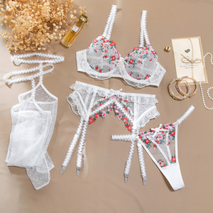 เซ็ตชุดชั้นในและกางเกงในลายดอกไม้ปักลายดอกไม้สุดเซ็กซี่ชุดชั้นในตาข่ายซีทรูพร้อมถุงน่อง - Product Image 6