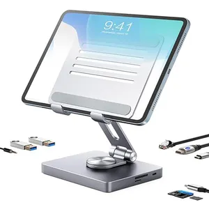 Aluminum Portable Foldable Tablet Stand 8 In 1 Dock Dual USB C Hub Stand Docking Station For I Pad With USB 3.0 Ports SD/TF