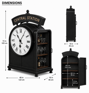 Vintage Industrial Station Clock Bar <b>Cabinet</b> with Glass Storage Shelves <b>Retro</b> Railway Inspired Liquor Display Furniture for Home - Product Image 2