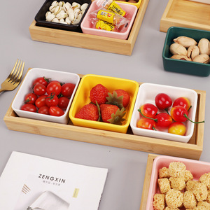 Juego de platos con compartimentos para refrigerios, con bandeja de madera y tazones coloridos para servir frutas, nueces y bocadillos. - Product Image 4