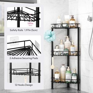 Portaoggetti da Doccia Angolare a 3 Ripiani in Acciaio Inox Impermeabile con 12 Ganci, Cuscinetti Adesivi e Mensola Organizzatrice - Product Image 4