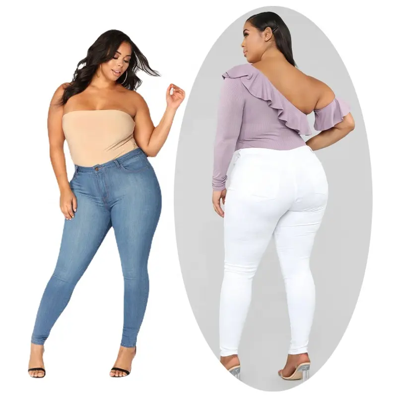 Plus Size Tall Womens White Skinny Jeans 5XL Denim pants cotton stretch trousers Tapered Jeans
