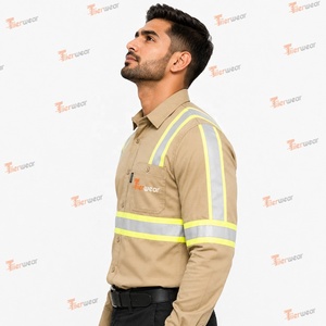 Chemise de travail à manches longues en coton kaki pour homme avec bandes réfléchissantes, antibactérienne et respirante, coupe-vent - Product Image 4