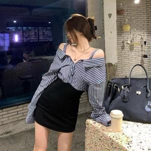 Off Shoulder Striped Shirt High Waist Bodycon <b>Skirt</b> Women's 2025 New Style <b>Patchwork</b> Long Sleeve Dress - Product Image 1