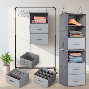 Pipishell <b>6</b>-Shelf Bamboo Non-woven Fabric Hanging Closet Organizer 2 Separable 3-Tier Units 3 <b>Drawers</b> Side Pockets for - Product Image 1