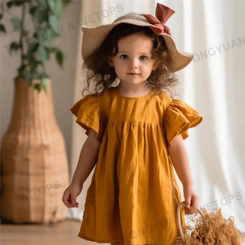 الكتان القطن الجمال اللباس لطفلة الصيف 2023 حار نمط طفل فستان مرفرف الاطفال الملابس الفتيات الأطفال