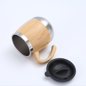 Natural Bamboo Wood Grain Stainless Steel Coffee <b>Mug</b> with Lid Handle <b>Double</b> <b>Wall</b> Insulated Travel Tea Cup - Product Image 5