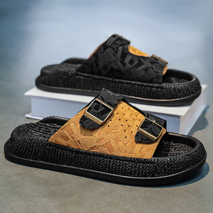 fashion Genuine Leather men's Flat Sandals designer fashion Buckle Closure <b>Platform</b> Rubber Sole luxury men's Slides slippers - Product Image 2