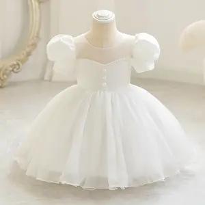 W002 2023 Newest Baby Girl Party Dress Pearl Chiffon Baptism Dress For Baby Girl Soft Princess Dress For Girl